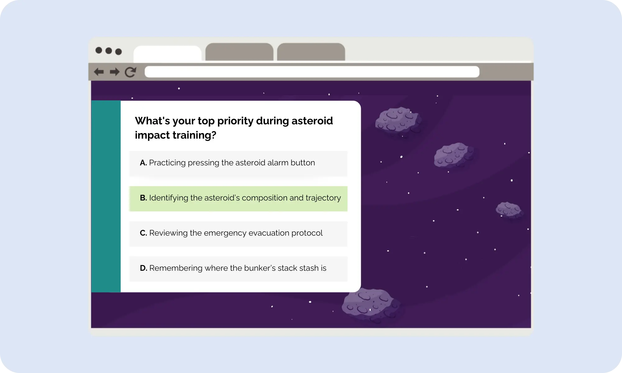 Completing a quiz in a SimTutor Author simulation